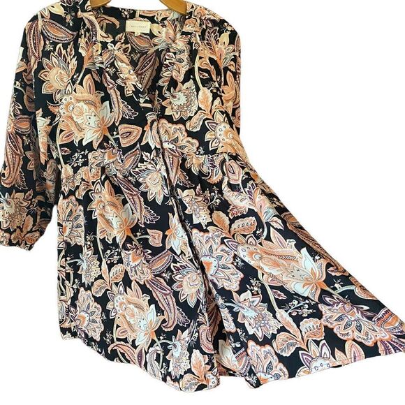 Melloday Sz M Black Peach Paisley Empire Waist Boho Relaxed Fit Flowy Blouse - Picture 3 of 8